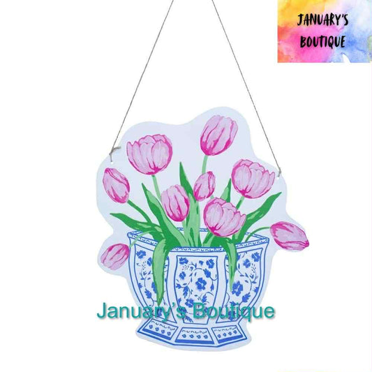 Chinoiserie Tulip Door Hanger Blue/White/Pink 19.75x16.3