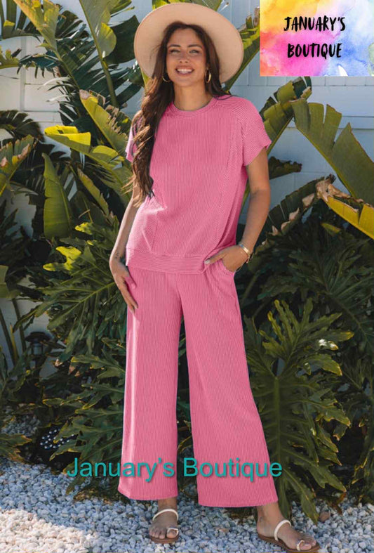 Women's Pink Ribbed Pants Set