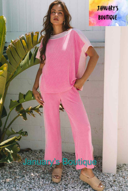 Women's Pink Two-toned Ribbed Pants Set