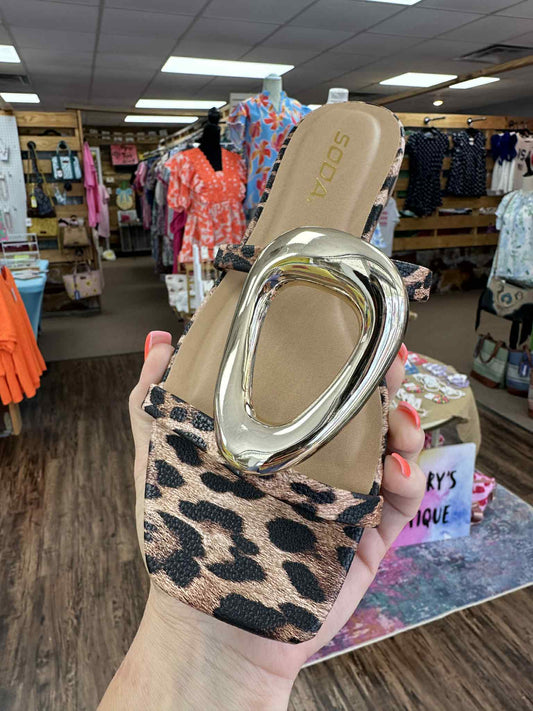 Women's Gold Ornament Dressy Leopard Slip On Sandals