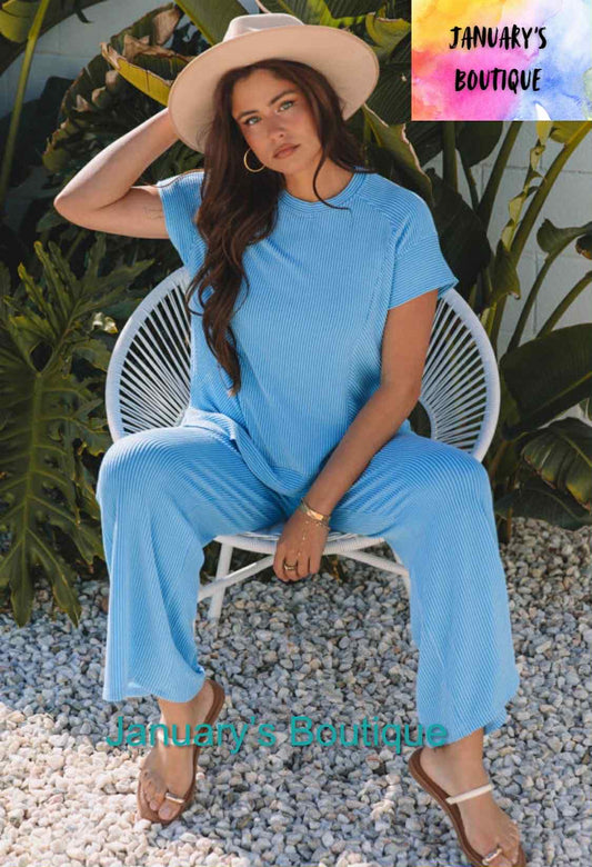 Women's Blue Ribbed Pants Set