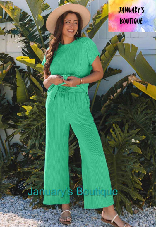 Women's Green Ribbed Pants Set