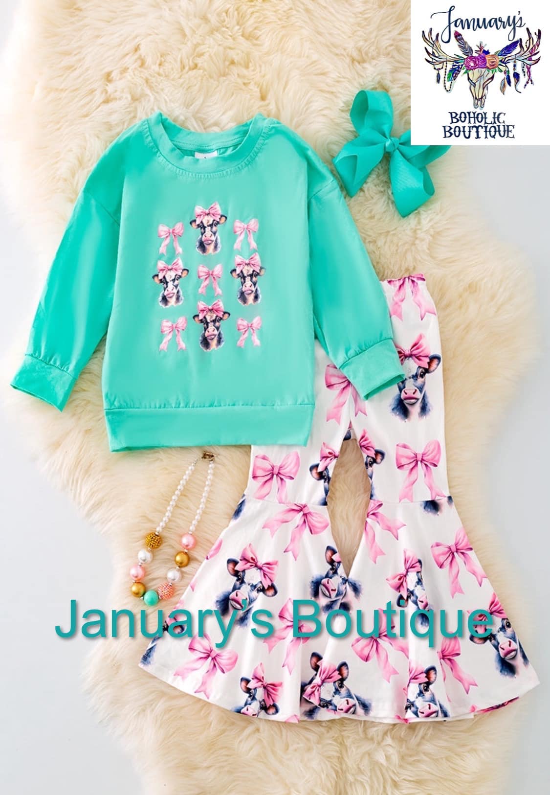 Girls Cow & Bow Sweater Pant Set