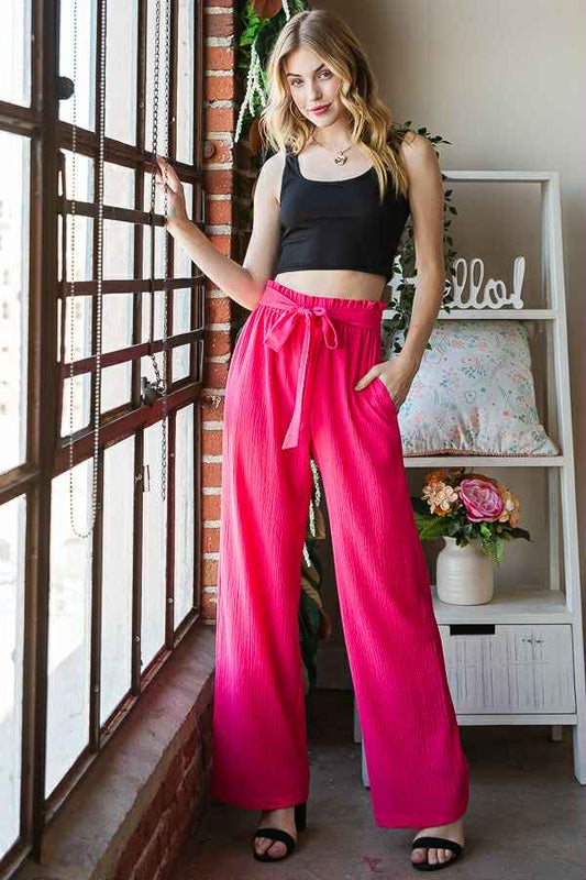 Women's Magenta Solid Paperbag Waist Pants