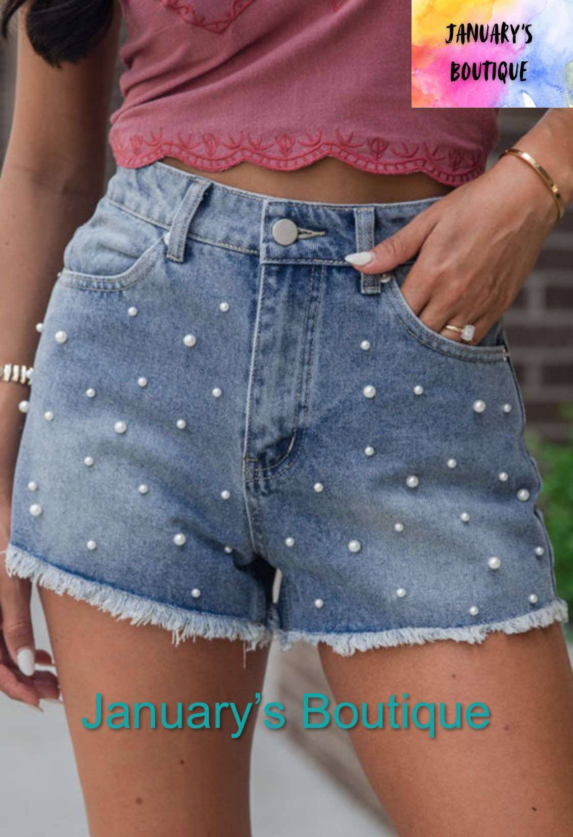 Women's Denim Pearl Accented Shorts
