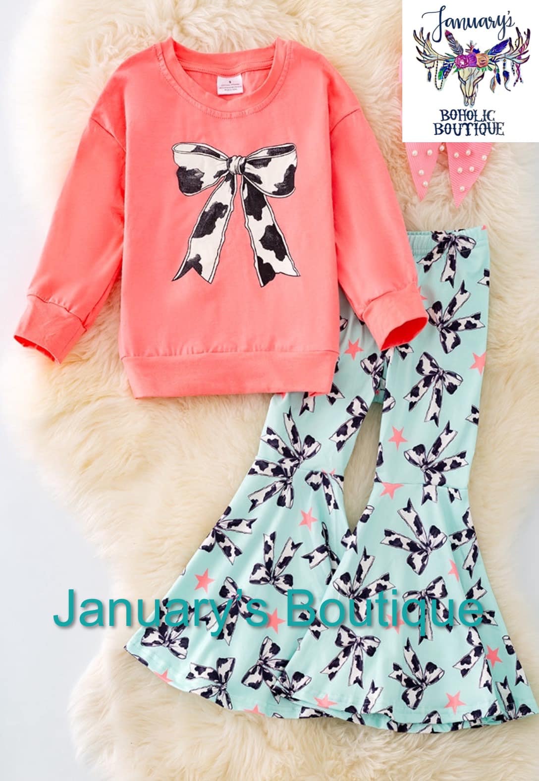 Girls Cow Print Bow Long Sleeve W/ Teal bottoms