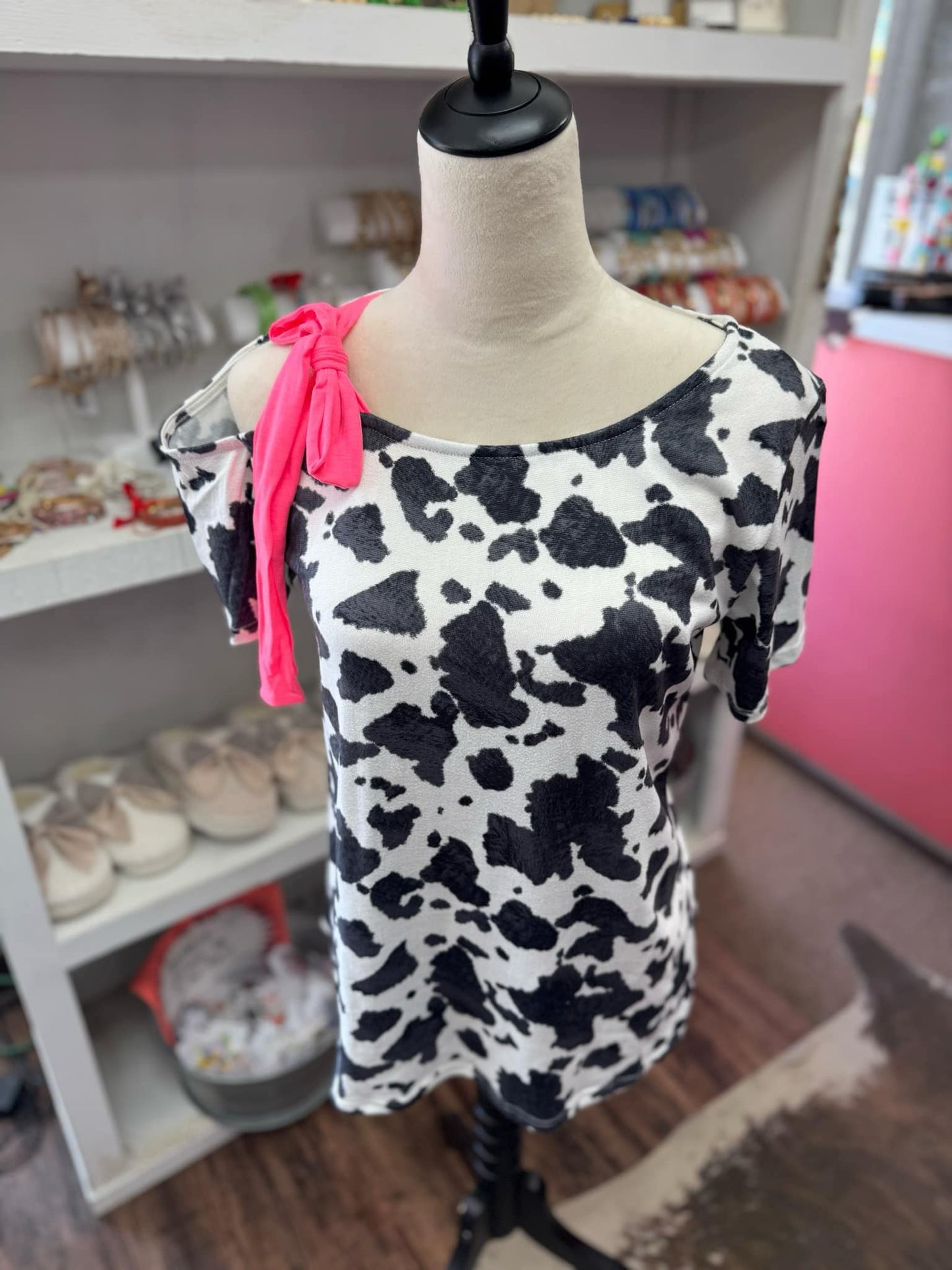 Women's Cow Print Top With Pink Bow