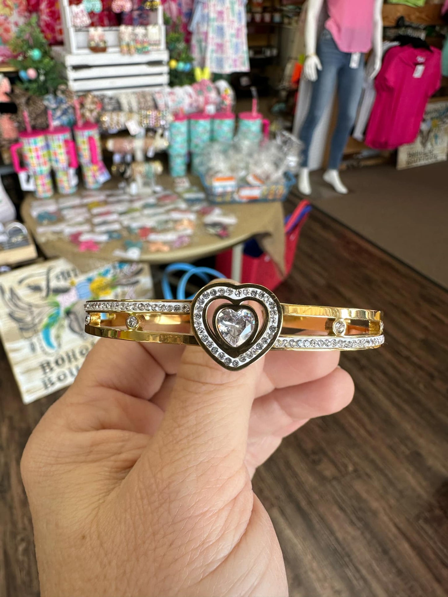 Gold Rhinestone Heart Bangle