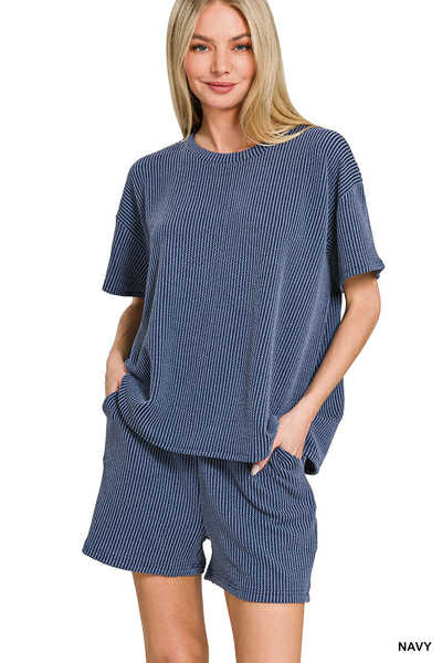 Women's Navy Ribbed Shorts Set