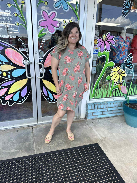 Women's Olive Floral Ribbed Dress