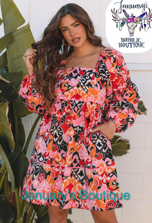 Women's Bohemian Square Neck Mini Dress