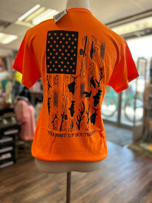 Mens Straight Up Southern Orange Hunt Fish Top