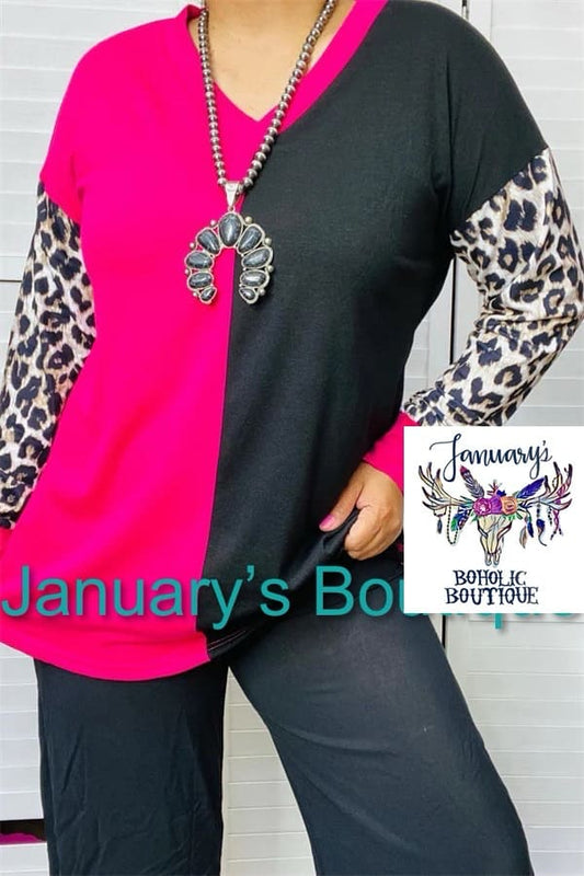 Womens Long Sleeve Black & Pink Cheetah Top