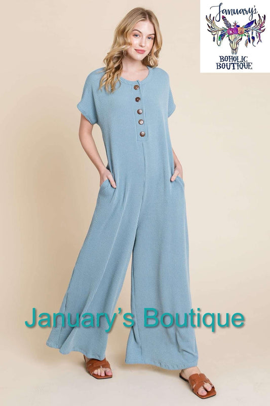 Womens Blue Ribbed Jumpsuit