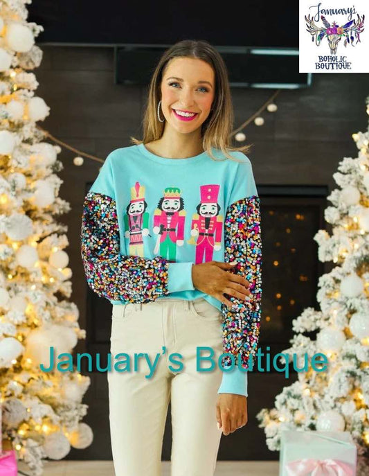 Womens Blue Sequin Sleeve Nutcracker Top