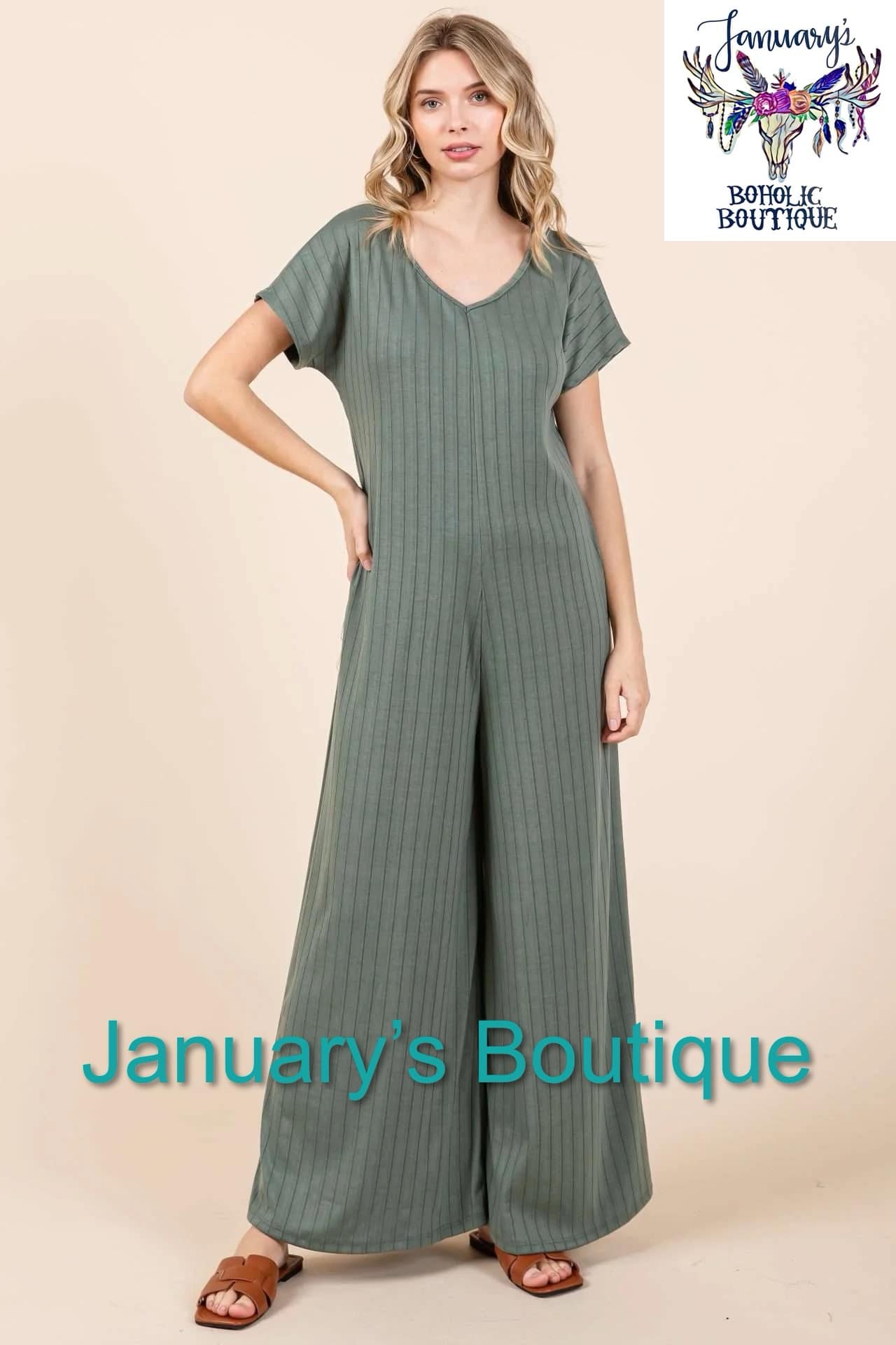 Womens Olive Ribbed Wide Leg Jumpsuit