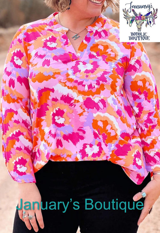 Womens Pink Plus Abstract Print Floral Top